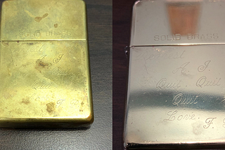 Two pictures side-by-side of a vintage brass Zippo before and after polishing.