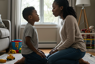 Mom doing breathing exercise with ADHD child.