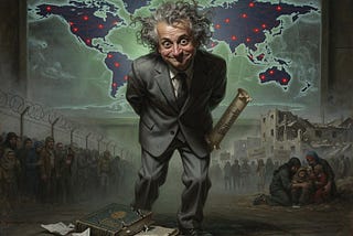 Satirical oil painting of a weaselly businessman hiding a philosophy diploma, standing before a global surveillance map with scenes of oppression and a shattered ethics book at his feet.