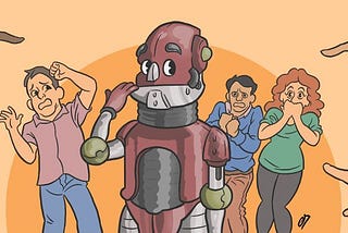 Illustration of robot looking anxious while people in the backgorund reacting with fear