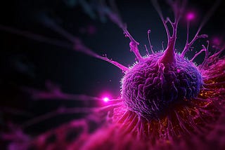 Close-up 3D illustration of a glowing purple cancer cell with tendrils extending outward on a dark background
