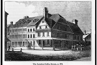 An engraving of an 18th Century coffee house looking like a pretty ordinary three story house like structure on a street corner.