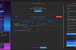 A high-contrast dark mode dashboard for the NeuroRythm application. The interface features a purple and blue gradient sidebar with navigation links like ‘Rabbit Warren’, ‘Patterns & Insights’, and ‘NeuroRythm Go’. The central workspace, titled ‘Today’s Schedule & Focus’, displays modular time blocks for a ‘Primary Focus Block’ (NeuroRythm Private Beta Launch), a ‘Rabbit Hole’ (Stage Academy), and a ‘Reward Block’ (Write Short Story). To the right, a ‘Celebrate Your Wins’ feed lists completed