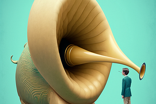 AI generated of a person standing in front of a stylized elephant looking creature with a large ear like trunk. midjourney prompt: “a large ear in the size of a human, listening to a conversation with a stethoscope, in the style of Wes Anderson”)