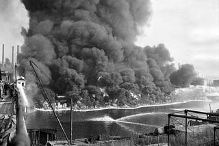 Black and White photo of the Cuyahoga river fire
