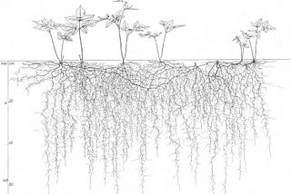 A black and white scientific drawing of a 6 plant root system, showing the plants above ground and their tangled roots below the surface.