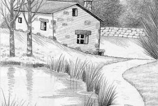 A painting of a house near a swamp. The painting is black and white. The house is slightly covered by trees and the swamp has overgrown grass.