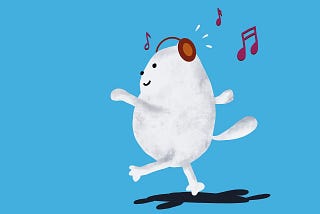 A cartoon cat with headphones. The cat is listening to music.