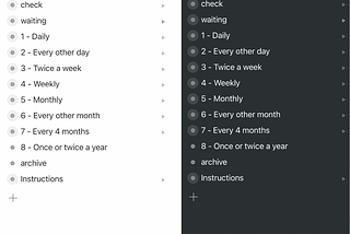 Two Workflowy screens on an iPhone, side by side. One in light mode, one in dark, showing a series of lists.