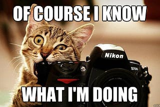 A cat chews on an expensive Nikon camera. Clearly this cat knows what he is doing. Large text reads: Of Course I Know What I’