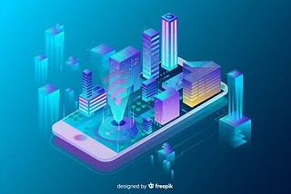 A isometric phone with a smart city hologram on top