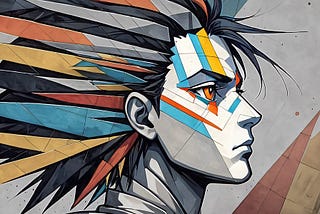 “Neurodivergent Heat,” a digital image by the author, blends cubist, dadaist, and manga influences. It showcases a profile with sharp geometric shapes and a mosaic of vivid colors. Orange, yellow, blue, and red highlight the person’s intense gaze directed toward the upper right corner, symbolizing forward-thinking vision. Monochrome shards fan out like feathers from the head, contrasting the bright face against a subdued background, mirroring the complex inner world of neurodivergent individuals