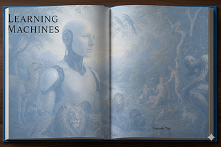 An AI-generated replica of an original illustration made for us by Francois Top. Open illustrated book spread titled Learning Machines showing a humanoid robot in a lush, Eden-like landscape populated by animals, birds, and human figures. To the right is a Rodin-like sculpture of The Thinker. Rendered in muted blue-gray tones, the image juxtaposes artificial intelligence with nature, learning, and humanity.