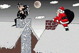 comic of santa and a robber meeting on the roof