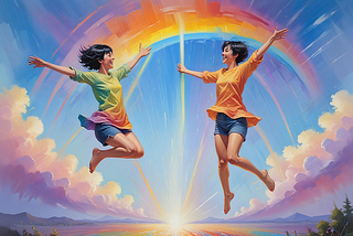 Two women jumping in front of a rainbow.