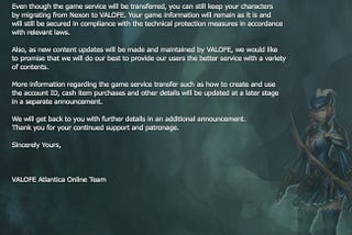 The transfer of Atlantica Online from Nexon to VALOFE Global Ltd.