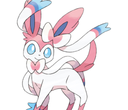 official art of the Pokemon Sylveon. It’s a catlike pink, white, and blue creature with a white bow around its neck, one on its ears, and bright blue eyes.