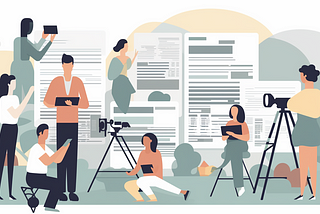An illustration style depiction showing characters doing journalism whilst considering the use of AI — thoughtful bunch