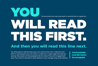 A graphic with bold letters reads “You will read this first.” Followed by smaller text, “And then you will read this line next.” Other smaller text will be read later.