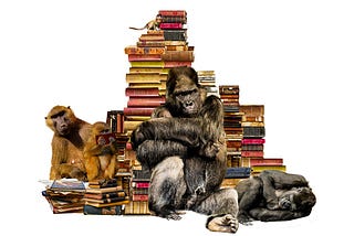 Monkeys climbing on a stack of books