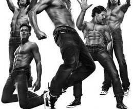 The movie poster for Magic Mike XXL features the five men in the main cast in varying jumping poses, wearing jeans and no shirt.