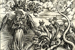 Engraving by Dürer showing angels and a seven-headed dragon.