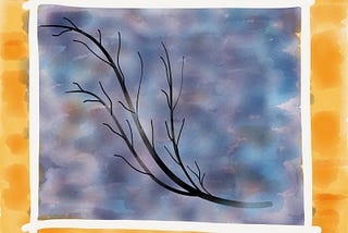 Digital drawing of a naked black tree branch on a blue and purple watercolor brush background, outlined by white and then on another background, this time in orange.