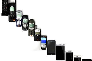 A series of mobile phones showing how their shape and form have changed over many versions.