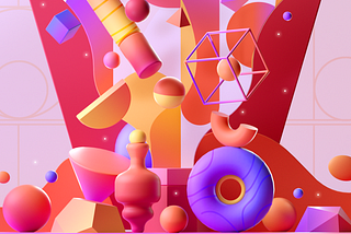A 3D render of complex, colourful shapes positioned in random order
