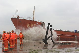 Cargo ship grounded by storm in Yantai, China