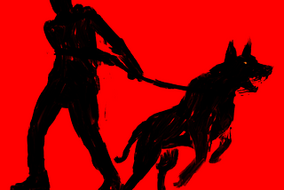 Painting in black and red of a man restraining a dog by its leash