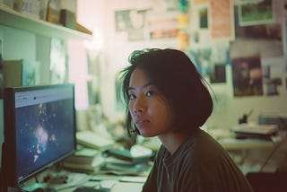 Asian woman with short hair at a desk, gazing at a computer screen in a creative workspace filled with photos and papers.