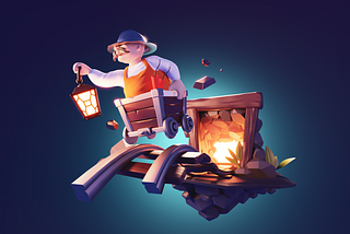 miner in a mining cart coming out of a gold mine