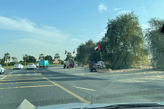 UAE Flag, Fossil Fuels, Imported wood from dead trees being sold for burning close to Al Qudra desert in Dubai. Safi Roshdy took the photo from her fossil fuel powered car while on her way to a desert cleanup on 25 December 2021. In the distance is a fossil fuel delivery vehicle operated by CAFU.