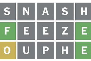 A Wordlebot grid with the words: SNASH / FEEZE / OUPHE