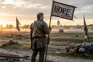 A weathered soldier clad in dark armor stands alone on a dusty battlefield at sunrise. He holds a tattered flag with the word “HOPE” boldly printed across it. Around him, scattered remnants of helmets and gear lie abandoned. In the distance, a town is visible through the mist. His stance is strong and determined, symbolizing leadership resilience, survival after collapse, and the quiet strength required to rebuild a legacy.