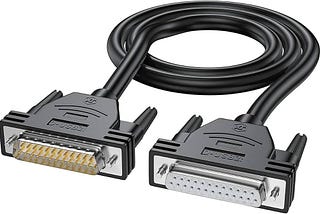 Picture of DB25 serial cable, black with connectors at each end with 25 pins in two rows