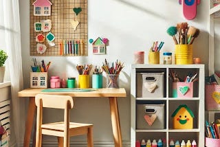 Colorful and vibrant creative corner in an ADHD child’s room filled with art supplies.