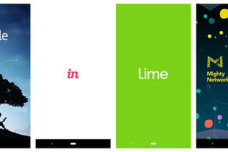 Splash screens of various mobile apps (from left to right): Kindle, InVision, Lime, Mighty Networks