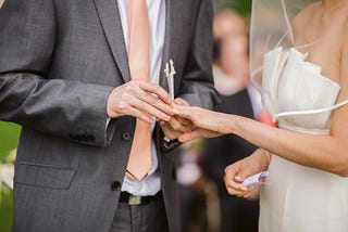 Groom putting ring on bride’s finger.