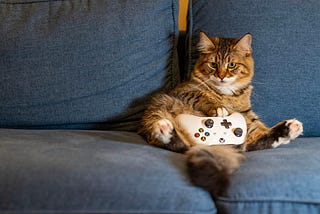 Long-haired orange and gray tabby cat sitting comically with hind legs splayed out on a blue denim couch, holding a Nintendo controller in its lap with its paw.