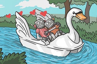 Illustration of two robots hugging each other and sitting in a pedal boat which looks like a swan
