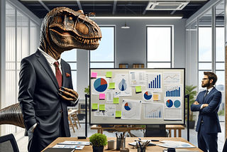 A T Rex in a suit pitching in a business meeting alongside another salesperson