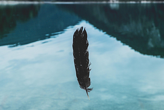 A feather being released by a hand into a water body surrounded by mountains.