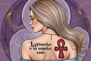 An illustration of a woman with a red ankh tattooed on her back and another text-type one that says, “Lightworker is my unspoken name.”