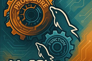 Gears labeled “PROCEDURE” and “FUNCTION” with dolphins on a MySQL background. Orange and teal tones with circuit patterns.