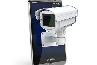 Mobile phone with CCTV camera. Security or privacy concept. 3d