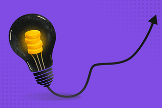A lightbulb filled with gold coins connected to an upward trending arrow, symbolizing financial innovation and growth.