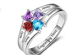 Personalized Sterling Silver Ring for Women - Personalized 4 Birthstones and 4 Name Engraving Ring for Mother