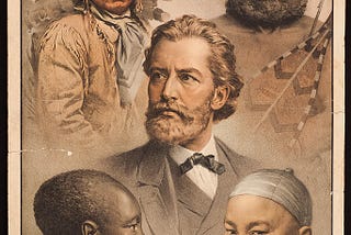The “Five Races of Man” (American/Amerind, Australian/Australoid, European/Caucasoid, African/Negroid, Asian/Mongoloid), chromolithographic poster — G. Ellka, Public domain, via Wikimedia Commons.